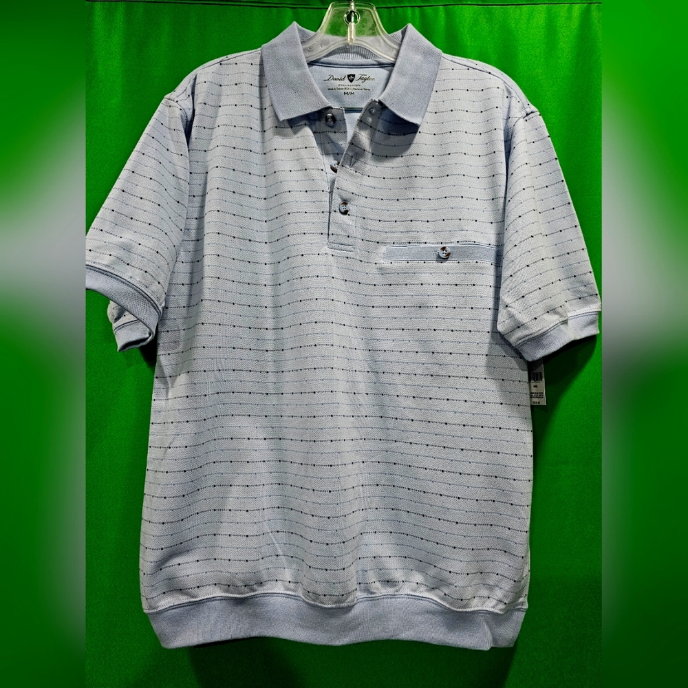 NEW David Taylor Banded Bottom Polo M Blue Short Sleeve Dot Stripe NWT